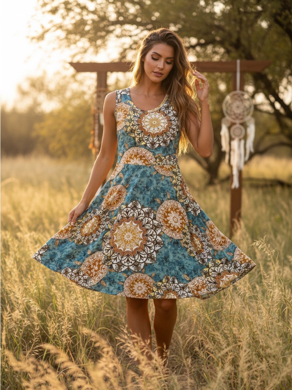 NWOT • Nicki • A-Line • Sleeveless • Fit and Flare Dress • Blue and Gold Mandala - Picture 7 of 10